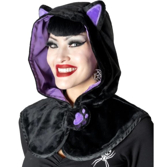 Cat Black & Purple Horror Hood Velvety Faux Fur Full Cover Hat NWT